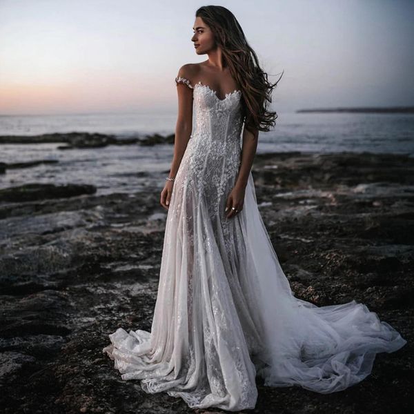 Abiti da sposa da spiaggia fulllace Collo trasparente Illusion Tulle Appliqued Pizzo Abito da sposa con perline per la sposa Matrimonio per donne arabe nere africane D146