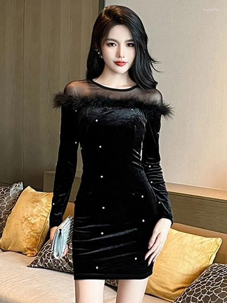 Casual Kleider Frühling Herbst Samt Schwarz Kurze Abendkleid Frauen Kleidung Elegante Chic Sheer Sexy Oansatz Dünne Mini Party Prom mujer