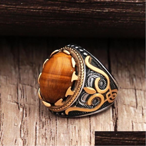 Cluster Ringe Vintage Court Style Tigerauge Ring Oval Biker Edelstahl Punk Mann mit braunem Stein Modeschmuck Geschenke Drop Drop Dhzwl