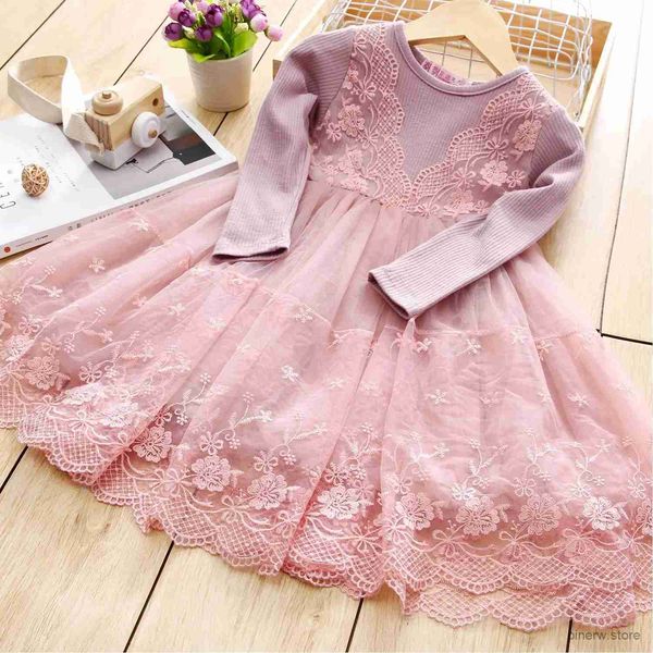 Vestidos da menina meninas vestido de malha renda bonito festa de aniversário vestido de princesa manga longa outono inverno crianças vestidos 3-8 anos csual meninas roupas