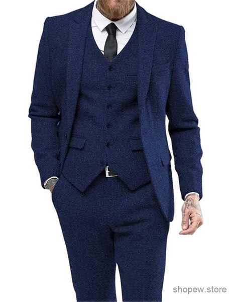 Abiti da uomo Blazer Abiti da uomo 3 pezzi Lana nera a spina di pesce Slim Fit Casual Formale Business Groomsmen Smoking in tweed per giacca da sposa + pantaloni + gilet