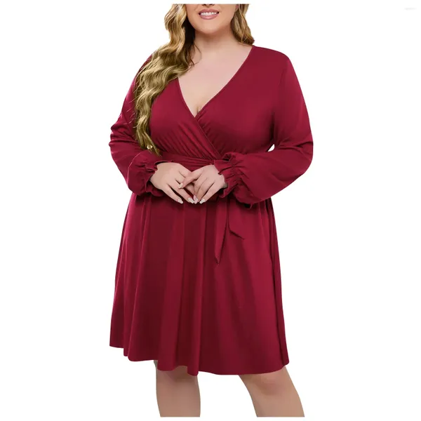 Vestidos casuais moda feminina cor sólida tamanho grande manga comprida decote em v cinto solto vestido simples elegante e generoso