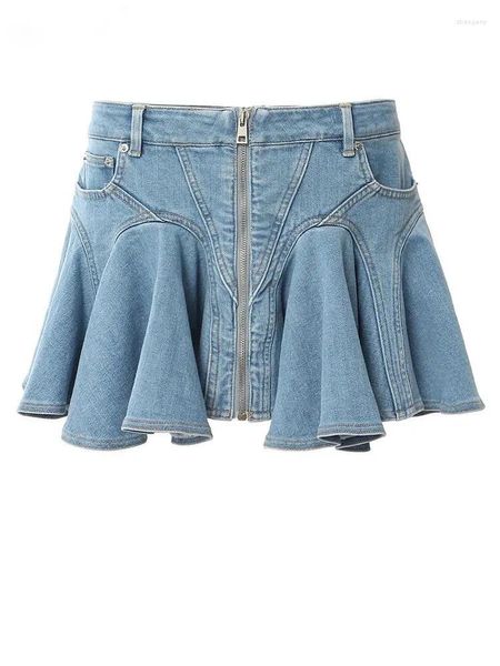 Röcke Hohe Taille Denim Blau Rüschen Tasche Casual Mini Halbkörper Rock Frauen Mode Flut Frühling Herbst X691