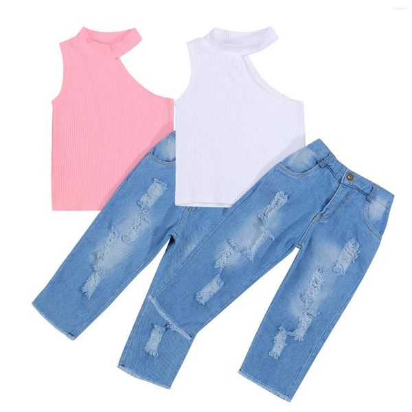 Giyim Setleri 1-6y Toddler Çocuk Bebek Kız Omuz Kapalı Üstler Denim Pants Delik Kot Kıyafetler Giysileri Yaz Moda Gündelik