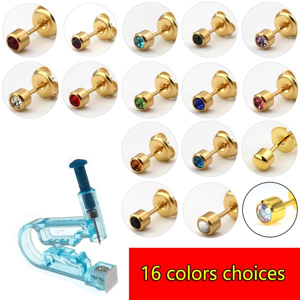 Kit de pistola de piercing de orelha de diamante, 16 cores, descartável, saudável, segurança, brinco, máquina de ferramentas, pinos, nariz, lábios, acessórios de joias do corpo 435-G