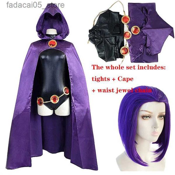 Тематический костюм Teen Titans Raven Косплей Come Superhero Cloak Комбинезоны Zentai Хэллоуин Узкая одежда + накидка + цепочка для украшений на талии Q240130