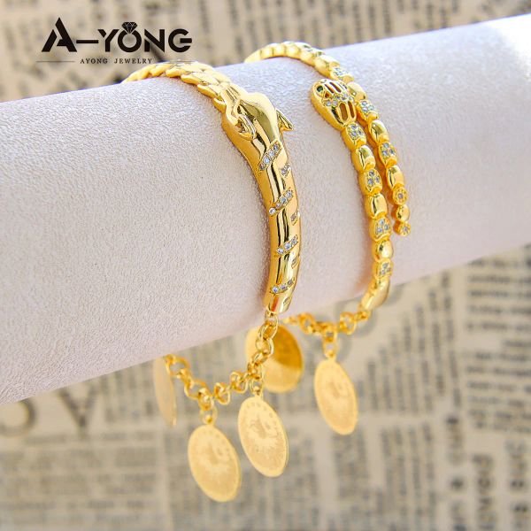 Armbänder AYONG Goldfarbe Schlangenarmband 21 Karat Goldmünze Armreif Anhänger Mode Charm Armreifen mit Zirkon Afrikanischer Schmuck aus dem Nahen Osten