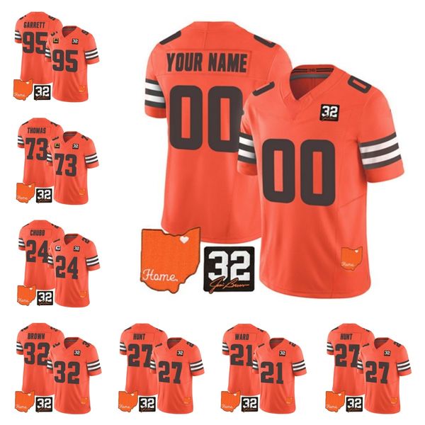 Masculino Cleveland''Browns''Myles Garrett Kareem Hunt Custom Orange 2023 F.U.S.E.Com Jim Brown Memorial Patch e 4 estrelas C Patch Vapor Untouchable Limited Stitched Jersey