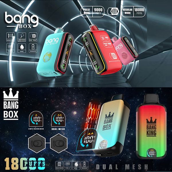 Original Bang Box Descartável E Cigarro 18000 Puffs Pulso Malha Dupla Malha Bobina Vape Juice 26ml Cartuchos Pré-carregados Dispositivos de Bateria Recarregável