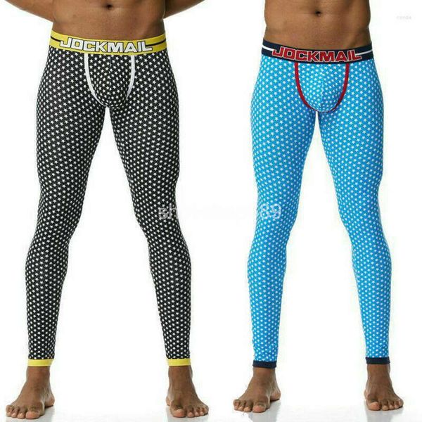 Roupa interior térmica masculina jockmail sexy longo johns calças masculinas algodão impresso bottoms de dormir leggings pant