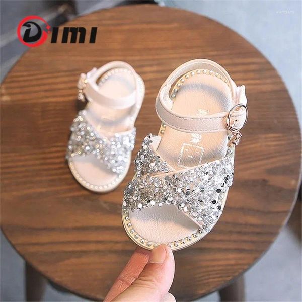 Сандалии DIMI, 2024 г., летняя обувь для маленьких принцесс с блестками и стразами для маленьких принцесс, мягкая обувь на плоской подошве для детей 0-3 лет