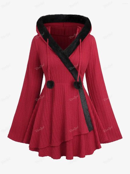 Kadın Sweaters Rusegal Plus Boy Boy Boyutu Kürek Kürk Trim Panel Kabarık Top Çizme Dokulu Kapşonlu Külot Üstler Derin Kırmızı 4xl