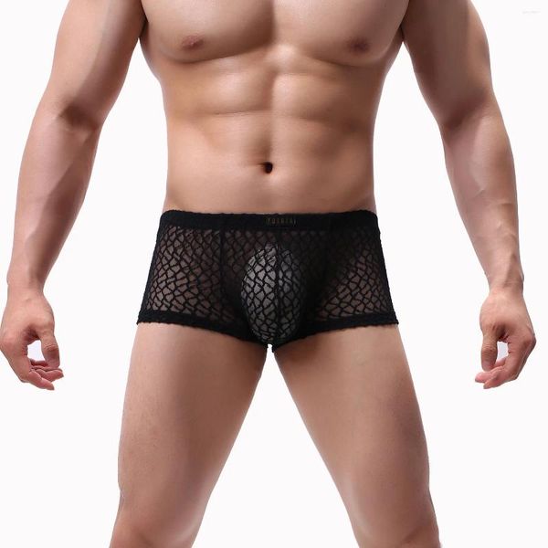 Cuecas masculinas íntimas elásticas ultra finas cueca respirável transparente boxer shorts sexy bolsa de renda