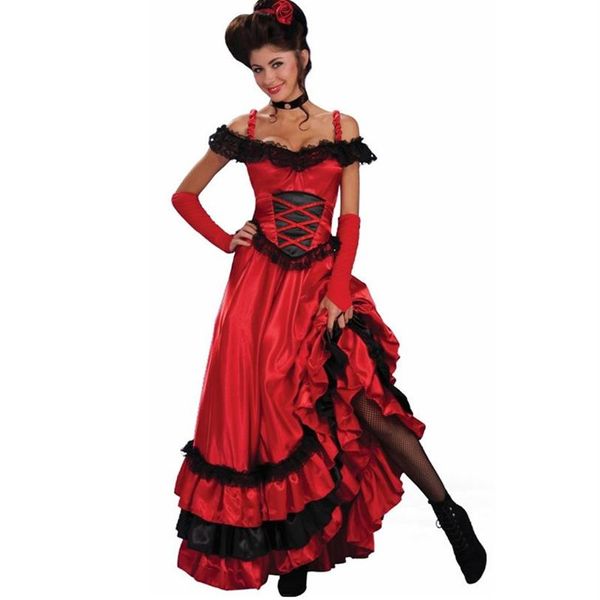 Catsuit Kostüme Sexy Spanisch Gypsy Red Cancan Spitzenkleid Frauen Schulterfrei Party Lange Kleider Vestidos Plus Größe Western Saloon 250 v