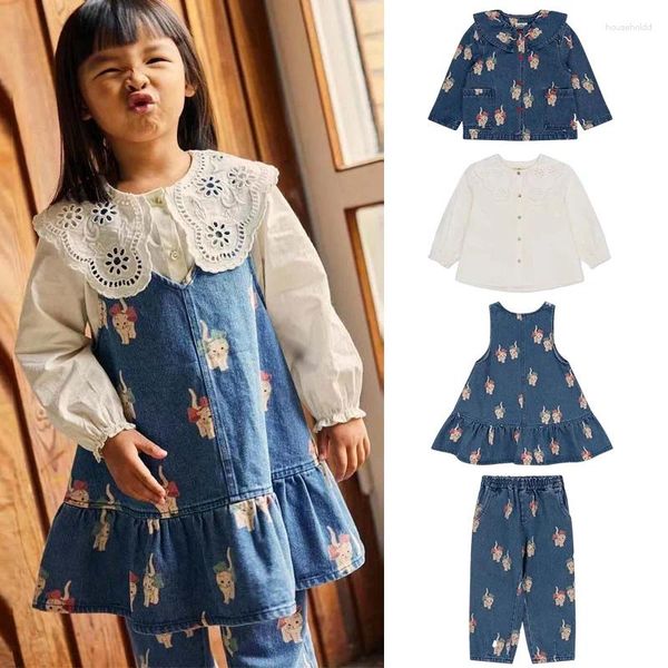 Set di abbigliamento Abbigliamento per bambini Ragazze KS 23 Giacca di jeans con gatto per bambini Camicia ricamata cava Gonna jeans stampata a fumetti