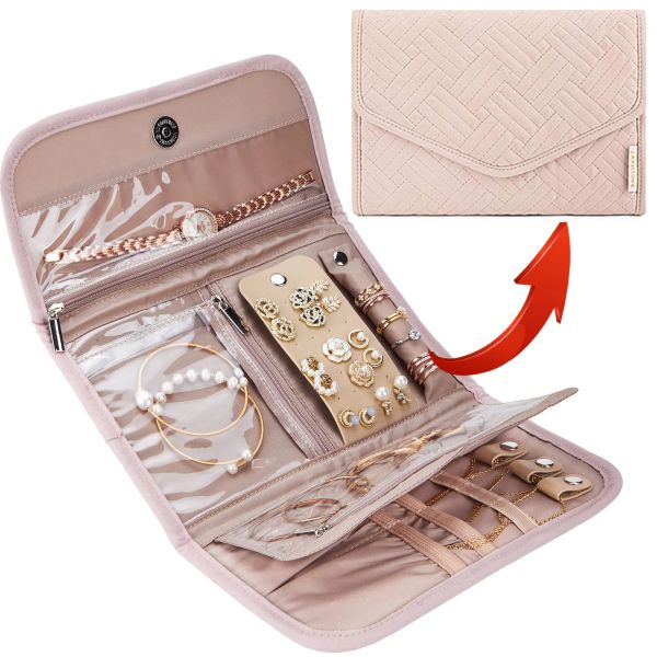 Halskette, faltbares Schmucketui, Roll-Reise-Schmuck-Organizer, tragbar für Reisen, Ohrringe, Ringe, Diamant-Halsketten, Broschen, Aufbewahrungstasche