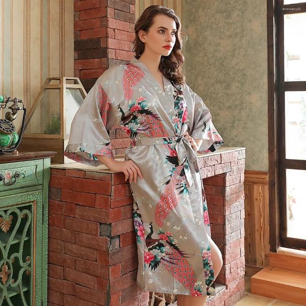 Damen-Nachtwäsche, großes Kimono-Bademantel-Kleid, lange Satin-Robe, Nachthemd, Damen-Druck, Pfauen-Nachtwäsche, V-Ausschnitt, Dessous, Loungewear für zu Hause