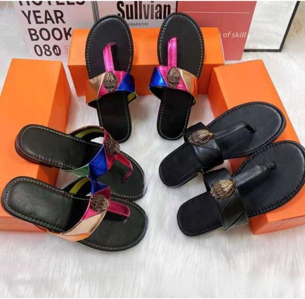 Terlik Kurt Geiger Flip Flops Terlikleri Kadın Sandalet Dikişli Gökkuşağı Terlik Moda Tasarımcısı Slaytlar Düz Ayaklar Kartal Kafa Elmas Toka Plus Boyut Tüm Maçlar