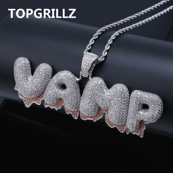 Halskette topgrillz benutzerdefinierter Name Red Tropf Blutblasen Buchstaben Pendellöze Halsketten Herrenhip Hop Schmuck mit 4mm CZ Tenniskette für Geschenke