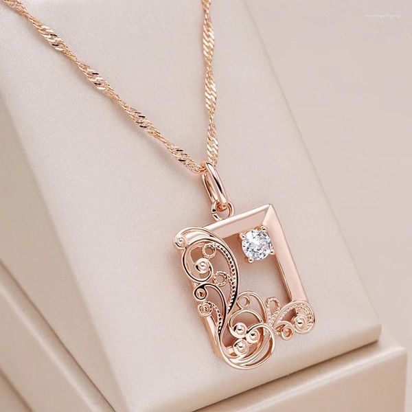 Ketten Kinel Vintage 585 Roségold Farbe Quadrat Anhänger Halskette für Frauen Natürlicher Zirkon Glänzendes Metall Ethnische Braut Trend Täglicher Schmuck