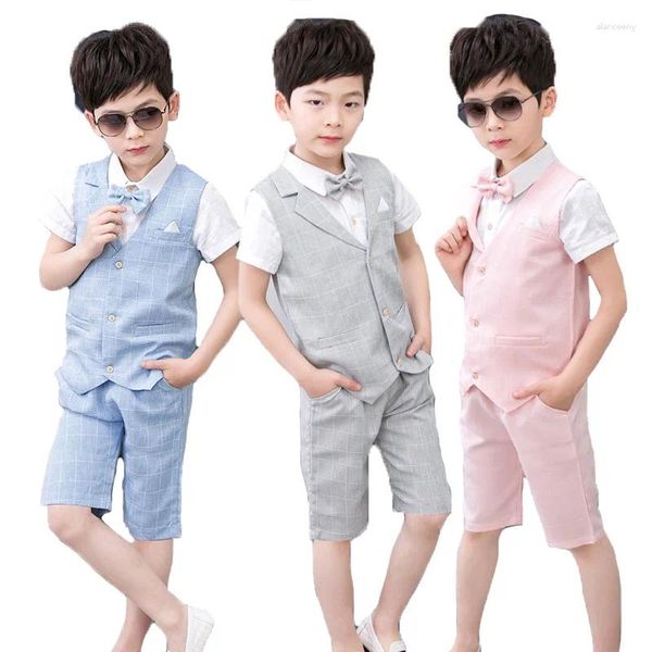 Kleidung Sets Kinder 4 stücke Sommer Jungen Formale Weste Hemden Shorts Bowtie Outfits Kinder Prom Performance Kleid Anzüge