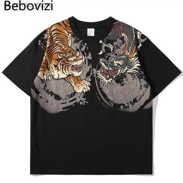 Herren-T-Shirts, japanischer Stil, Tiger-Drachen-Druck, T-Shirt, Mode, Vintage, Streetwear, Hipster, T-Shirt, Männer, lässig, kurzärmelig, T-Shirt, Kleidung, Q240130