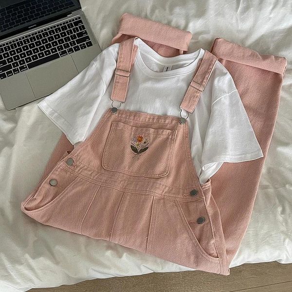 Jeans femininos mulheres rosa denim macacão bordado floral impressão suspender calças sólida solta primavera versátil bonito feminino perna larga macacão