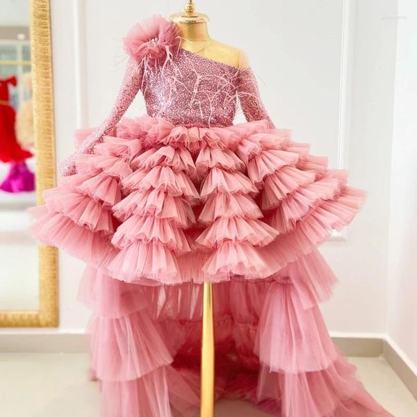Vestidos da menina flor rosa para casamentos festa de aniversário princesa pena tule pageant vestido formal vestidos de baile com trem longo