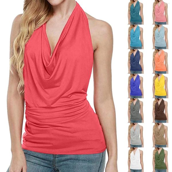 Damen-Tanks, Vintage-Tank-Top, Damen-Kleidung, Sommer, rückenfrei, Neckholder-Weste, sexy Drape-Cowl, V-Ausschnitt, ärmellos, Beachwear, solides Hemd, Blusa