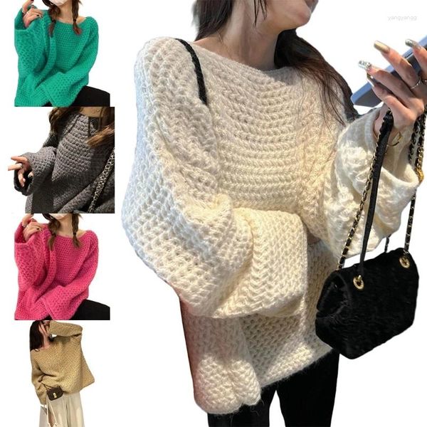 Camisolas femininas Mulheres Casual Manga Longa Crewneck Cabo Oversized Malha Inverno Pulôver Suéter Solto Jumper Tops