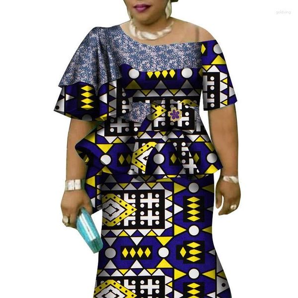 Ethnische Kleidung im Angebot!!Afrikanisches Set aus Tops und Rock mit Rüschenärmeln und Rock für Damen, Bazin Riche, 2-teilig, individuell anpassbare Röcke-Sets
