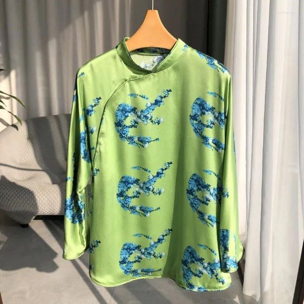 Blusas femininas 2024 primavera chinês retro tang terno verde pequeno gola camisa nove quartos mangas areia lavada seda feminina