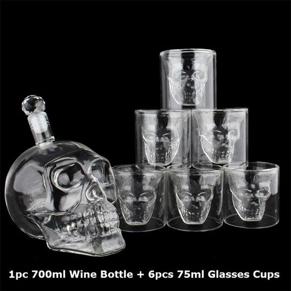 Testa di teschio di cristallo S Set di tazze di bicchieri da 700 ml Bottiglia di vetro di vino di whisky Tazze da 75 ml Decanter Home Bar Vodka Tazze per bere 210827228r