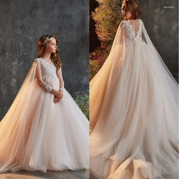 Mädchen Kleider Erstkommunion Langarm Spitze Flash Druck Schwanz Prinzessin Blumenkleid Hochzeit Party Ball Traum Kinder Geschenk