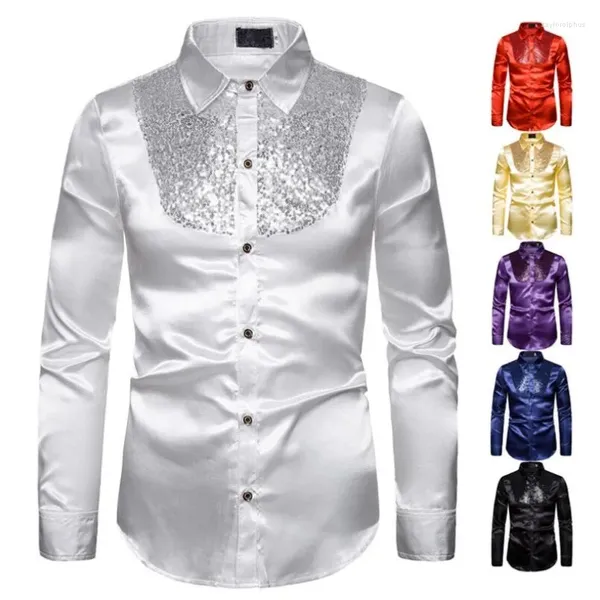 Camisas de vestido masculinas moda camisa de lantejoulas cor sólida lapela manga longa slim mens casamento emcee traje desempenho de palco S-2XL