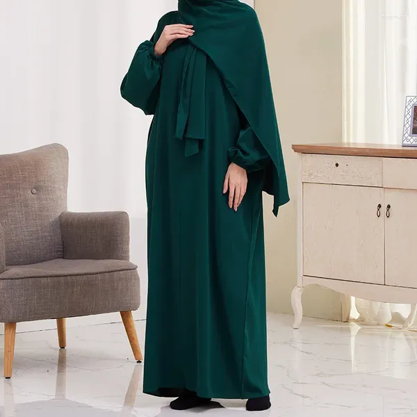 Vestidos casuais estilo nacional vestido muçulmano de manga comprida abaya para mulheres ramadan oração turquia médio oriente femme robe sólido com lenço de cabeça