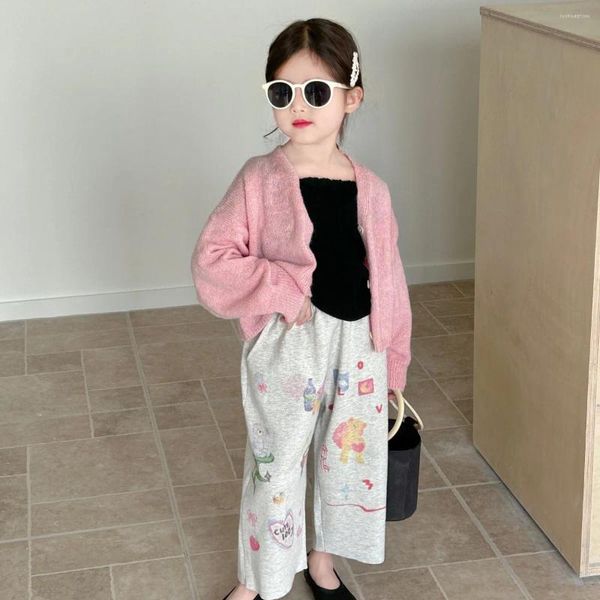 Conjuntos de roupas crianças crianças casual graffiti calças largas perna 2024 moda estilo coreano meninas impresso doce sweatpants