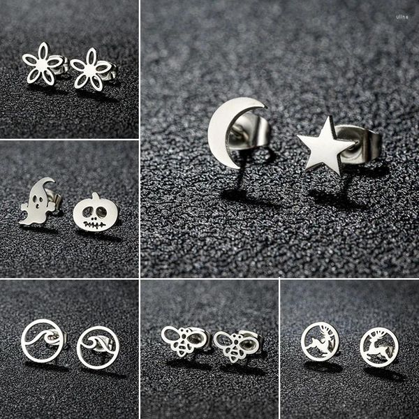 Ohrstecker Silber Farbe Stern Mond Ohrringe Modeschmuck Kleine Biene Hirsch Welle Gänseblümchen Ohrstecker für Frauen Ostern Geschenk Großhandel