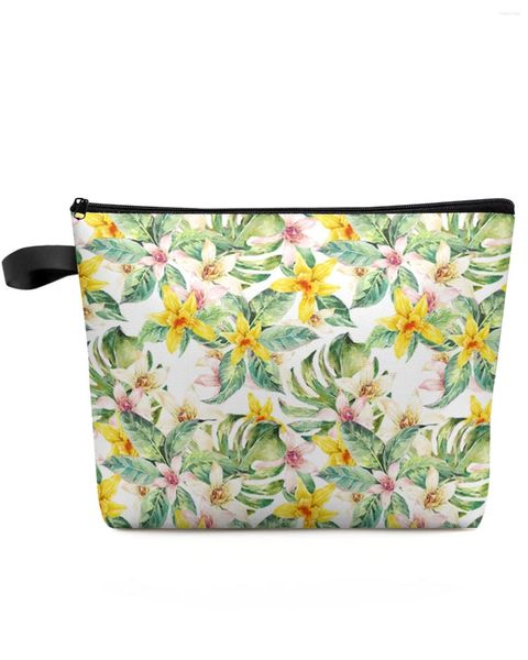 Sacos cosméticos planta tropical plumeria verão bolsa de maquiagem bolsa de viagem essencial senhora mulheres organizador de banheiro armazenamento lápis caso