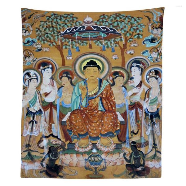 Tapeçarias Dunhuang Pintura Mural Buda Cercado por Bodhisattvas Mogao Cavernas Tapeçaria Ho Me Lili para Decoração de Parede de Sala de estar