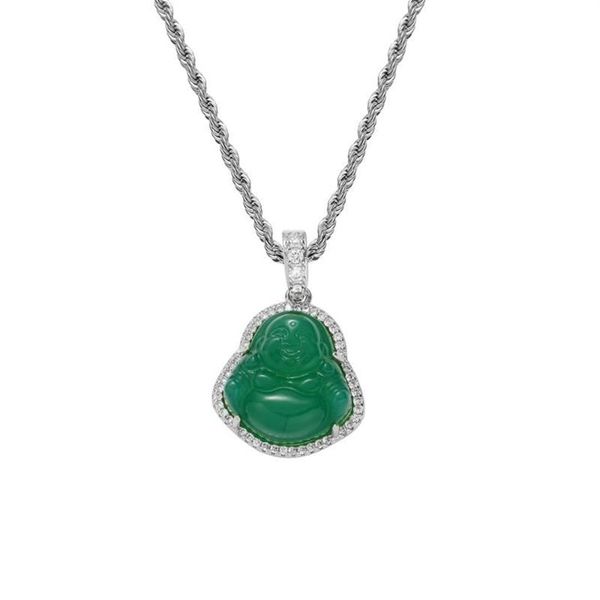 Ожерелья с подвесками из нержавеющей стали, веревочная цепь, микро-паве, кубический циркон, зеленый натуральный камень, подвески Будды, ожерелье для мужчин и женщин245A