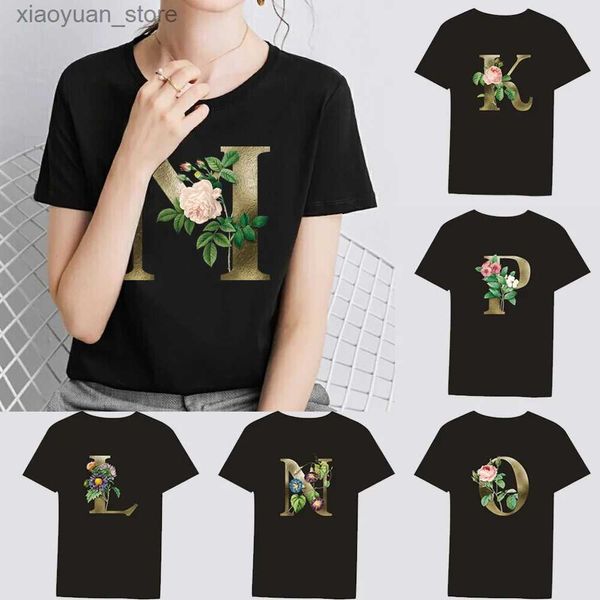 T-shirt da donna Serie stampa floreale dorata con stampa di lettere Abbigliamento donna T-shirt nera Top casual Girocollo slim fit Pendolari maniche corte Top 240130