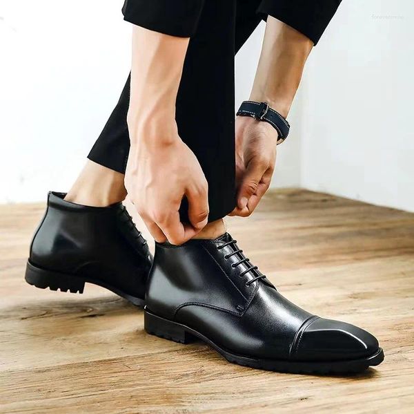 Sapatos de vestido de couro masculino negócio cor polonês lace-up de três pontos tornozelo queda casual