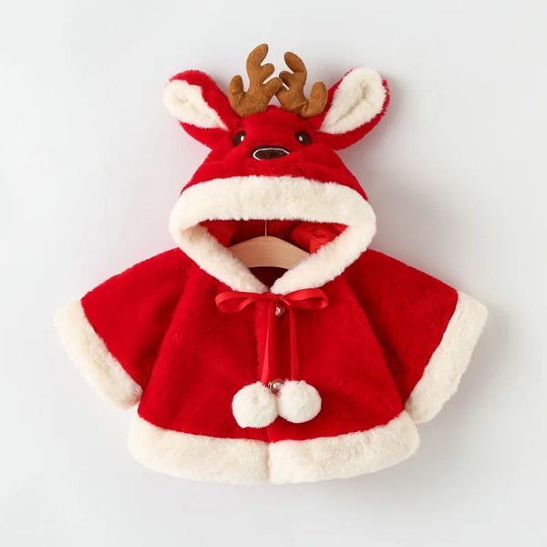 4 цвета, милая рождественская плюшевая куртка с изображением лося, осень-зима, теплое пальто с капюшоном для маленьких девочек, плащ принцессы, одежда для девочек 024M 240122