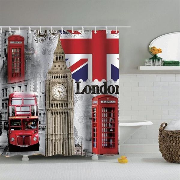 Dafield London Duschvorhang, britischer Big Ben, britische Jack-Flagge, Telefonboot, Tower Bridge, London City Street, Duschvorhang214j