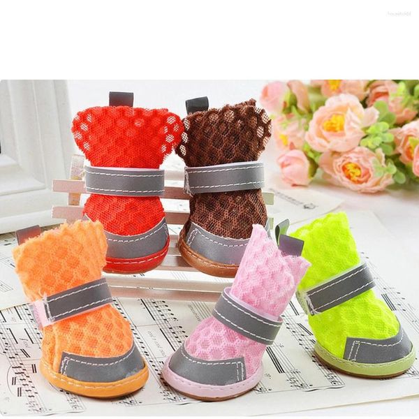 Vestuário para cães 4 pcs sapatos para animais de estimação verão cachorrinho respirável malha sandálias fundo macio antiderrapante para chihuahua botas vermelho / rosa / azul