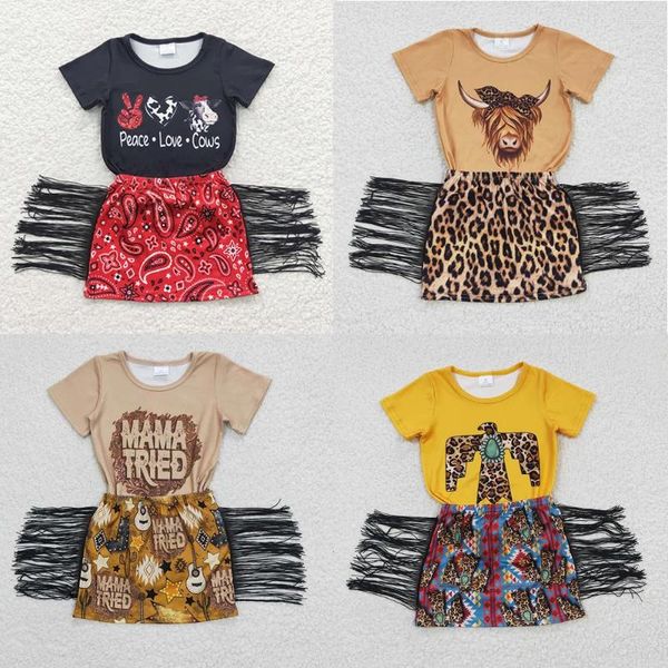 Kleidung Sets Großhandel Kleinkind Kleinkind Western Sommer Set Kinder Baby Mädchen Hemd Kurzen Ärmeln Top Kleidung Kind Kuh Druck Quaste rock