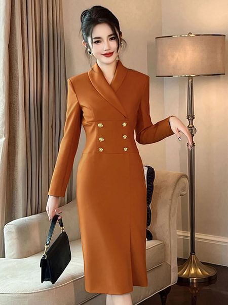 Damen Berufskleider Retro Eleganter Schalkragen Schlitz Midi Robe Femme OL Arbeitsstil Vestidos Bürodame Businesskleidung 240126