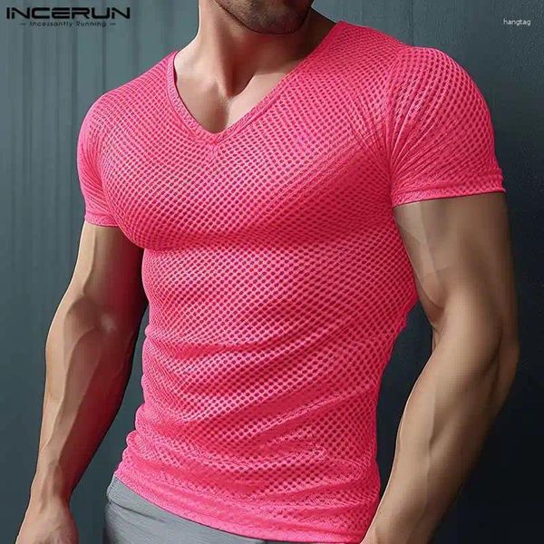 Männer T Shirts Mode Lässig Stil Tops INCERUN 2024 Rose Rot Mesh T-shirts Sexy Party Zeigt V-ausschnitt Kurzarm camiseta S-2XL