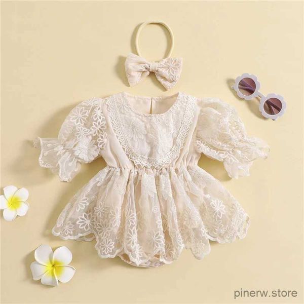 Mädchen Kleider Säugling Baby Mädchen Blumenstickerei Strampler Kleid Prinzessin Süßes Baby Spitze Kurzarm Overall Sommer Strampler und Stirnband